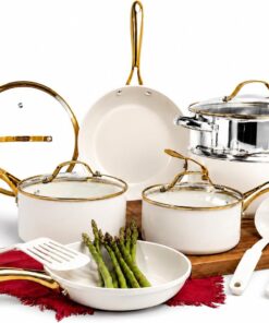 GOTHAM STEEL 15 Pc Ceramic Cookware Set, Diamond and Titanium Coated | Utensils Set Included, Non Toxic PFOA/PFOS/PTFE Free, Stay Cool Stainless Steel Handles, Dishwasher & Oven Safe, Cream