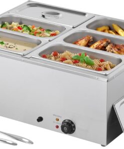 VEVOR Commercial Food Warmer, 1500W Electric Stainless Steel Steam Food Warmer with Lid, 6-Pan Fast Heating Countertop Buffet Bain Marie with Soup & Perforated Ladles, for Catering, Restaurant, Party