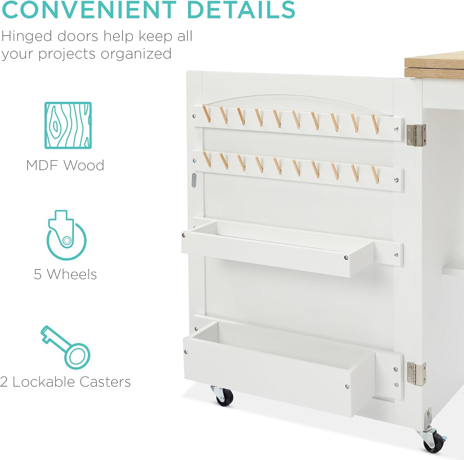 61mPFPilRxL._AC_SL1500_.jpg Best Choice Products Folding Sewing Table Multipurpose Craft Station & Side Desk with Compact Design, Wheels, Shelves, Storage Trays, Pegs, Magnetic Doors, Metal Doorknobs - Natural/White