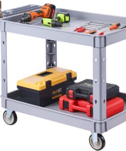 VEVOR Utility Cart, 550 lbs Capacity, 2 Tier Service Cart with 360° Swivel & Fixed Wheels (2 with Brakes), Heavy Duty Plastic Rolling with Storage Tray, Tool Storage for Garage Warehouse Workshop Gray