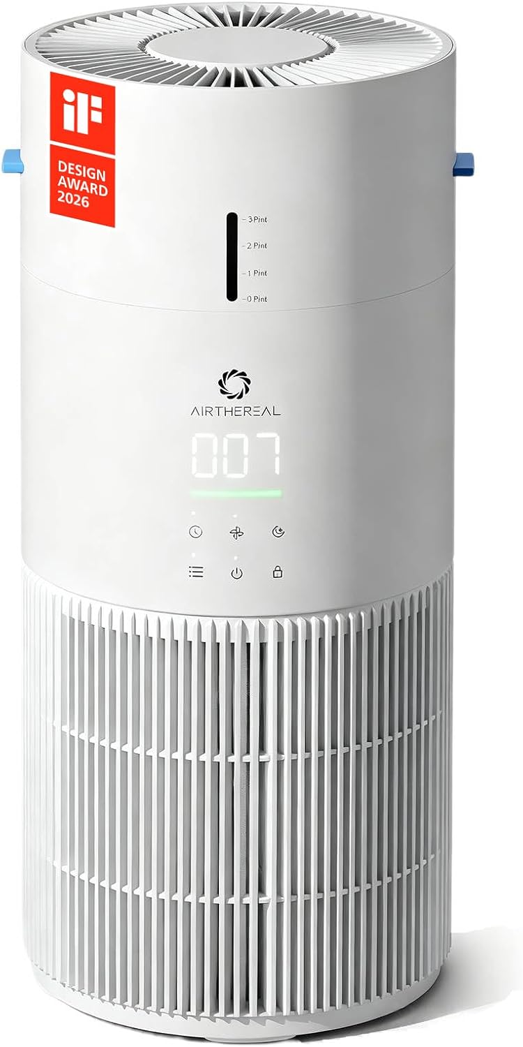 AIRTHEREAL 2-in-1 Air Purifier & Humidifier for Large Room Up to 1200 ft² | iF Design Award 2026, 3-Stage Filters, Air Quality Monitor and Quiet Sleep Mode, Evaporative Humidifier with Hygrometer
