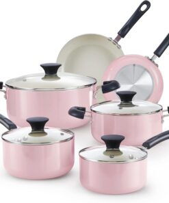 Cook N Home Basics Ceramic Nonstick Cookware Set, 10-Piece, Pink