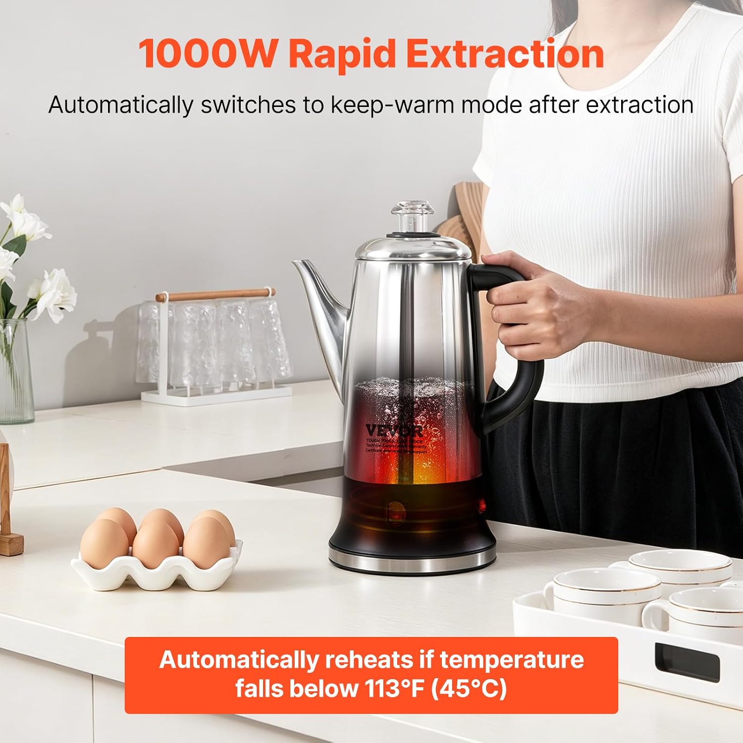 VEVOR 12-Cup Electric Percolator Coffee Pot, 304 Stainless Steel Body Coffee Percolator with Keep Warm Function & Heat-Resistant Handle, Classic Coffee Maker, Quick Brew & Easy-Pour Spout, Silver VEVOR 12-Cup Electric Percolator Coffee Pot, 304 Stainless Steel Body Coffee Percolator with Keep Warm Function & Heat-Resistant Handle, Classic Coffee Maker, Quick Brew & Easy-Pour Spout, Silver - Image 3