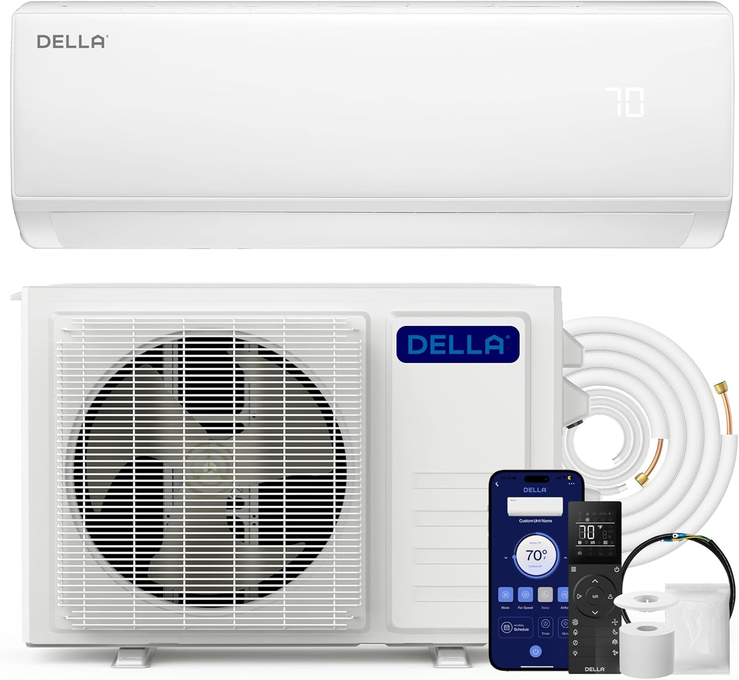 DELLA Econo Series 17000 BTU 17 SEER2 Mini Split Air Conditioner, Cools up to 1000 Sq. Ft, Works with Alexa and Wifi, 230V Heater Ductless Inverter System with Heat Pump, 16.4ft Installation Kit DELLA Econo Series 17000 BTU 17 SEER2 Mini Split Air Conditioner, Cools up to 1000 Sq. Ft, Works with Alexa and Wifi, 230V Heater Ductless Inverter System with Heat Pump, 16.4ft Installation Kit