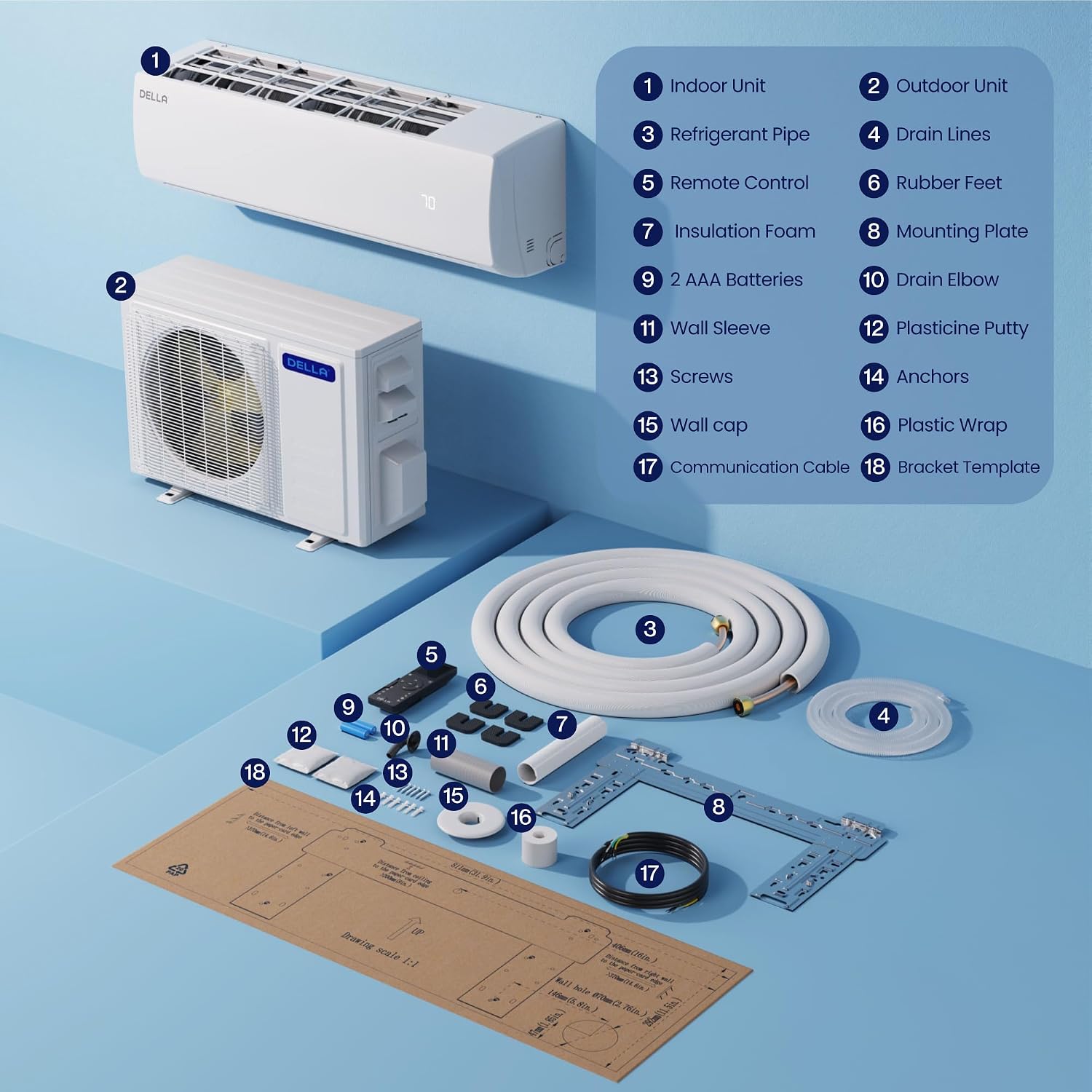 DELLA Econo Series 17000 BTU 17 SEER2 Mini Split Air Conditioner, Cools up to 1000 Sq. Ft, Works with Alexa and Wifi, 230V Heater Ductless Inverter System with Heat Pump, 16.4ft Installation Kit DELLA Econo Series 17000 BTU 17 SEER2 Mini Split Air Conditioner, Cools up to 1000 Sq. Ft, Works with Alexa and Wifi, 230V Heater Ductless Inverter System with Heat Pump, 16.4ft Installation Kit - Image 8