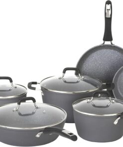 Bialetti Impact 10-Piece Textured Aluminum Cookware Set with Pots, Pans, and Dutch Oven, Nonstick Pots and Pans Set for Kitchen, Gray