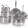 T-fal Pro Tri-Ply Stainless Steel 10-Piece Induction Cookware Set | NSF-certified, oven safe to 500°F, glass lids to 350°F, measuring marks inside, all cooktops including induction