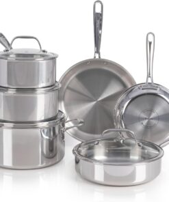 T-fal Pro Tri-Ply Stainless Steel 10-Piece Induction Cookware Set | NSF-certified, oven safe to 500°F, glass lids to 350°F, measuring marks inside, all cooktops including induction