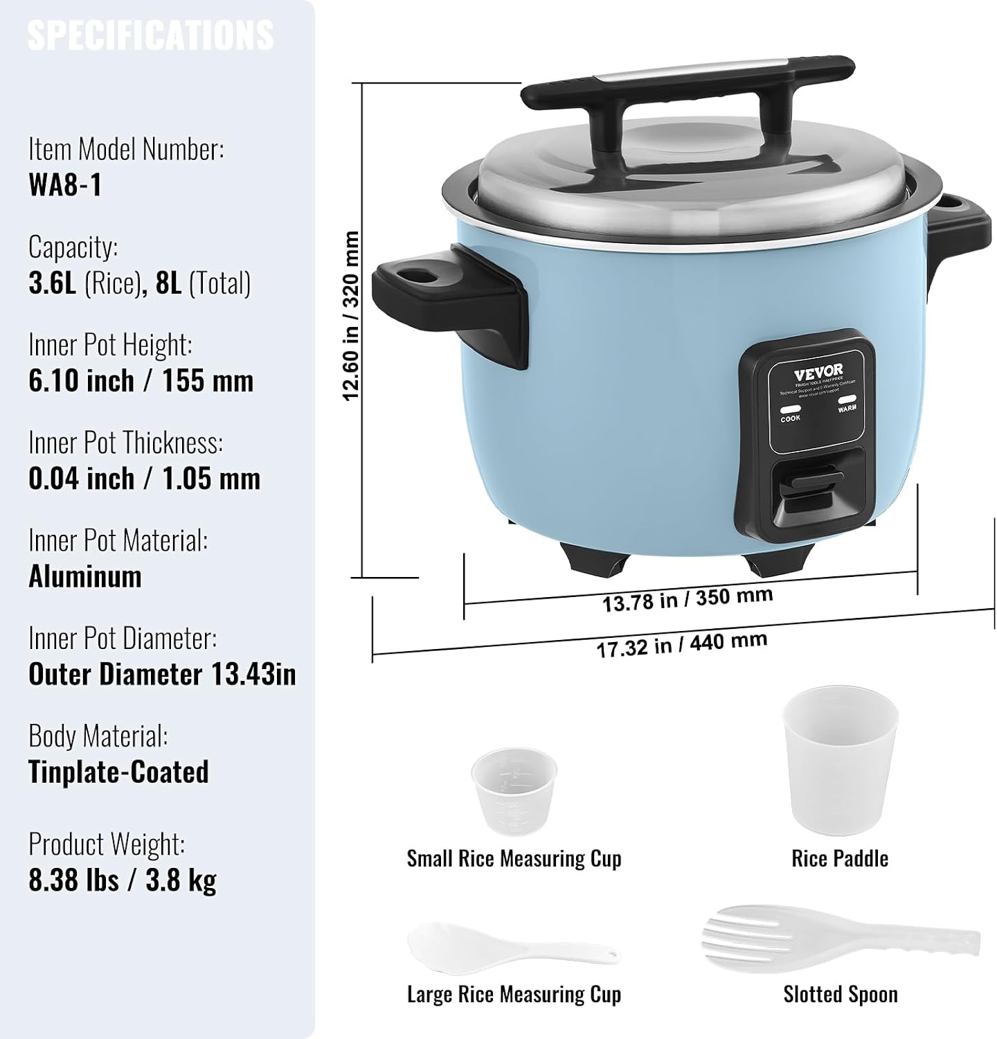 VEVOR Commercial Rice Cooker, 40-Cup Rice Cooker, 8.45 Qt / 8 Liter Large Rice Cooker and Warmer with Nonstick Inner Pot, Fast Cooking and 24-Hour Keep Warm, with Rice Cup and Paddle, for Restaurant VEVOR Commercial Rice Cooker, 40-Cup Rice Cooker, 8.45 Qt / 8 Liter Large Rice Cooker and Warmer with Nonstick Inner Pot, Fast Cooking and 24-Hour Keep Warm, with Rice Cup and Paddle, for Restaurant - Image 6