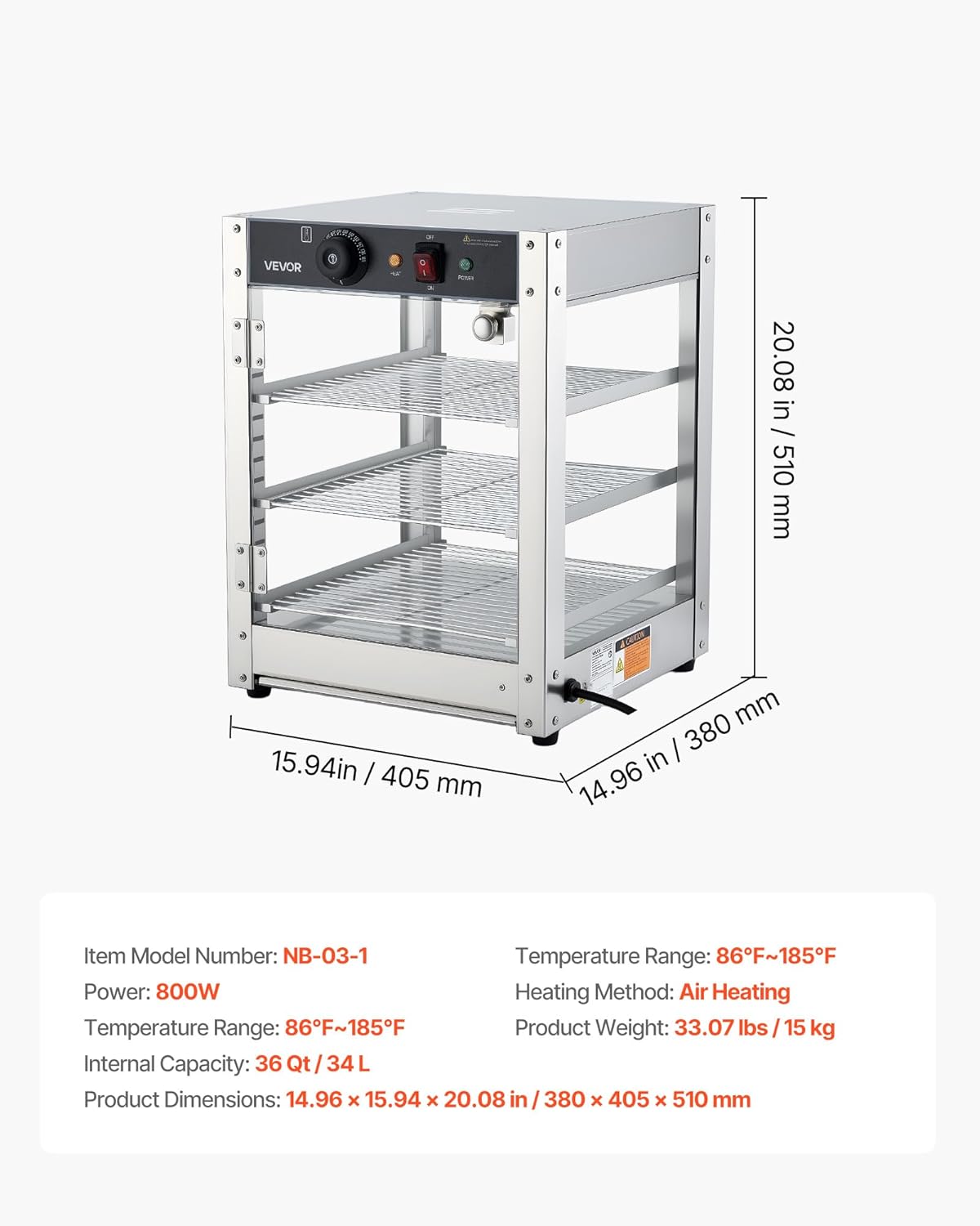 VEVOR 3-Tier Commercial Food Warmer Display, 800W Food Display Warmer with LED Light, Adjustable Shelf and Stainless Steel Frame, 86℉~185℉ Air Heating, 34L for Hamburger, Pizza, Bread, Fried Chicken VEVOR 3-Tier Commercial Food Warmer Display, 800W Food Display Warmer with LED Light, Adjustable Shelf and Stainless Steel Frame, 86℉~185℉ Air Heating, 34L for Hamburger, Pizza, Bread, Fried Chicken - Image 7