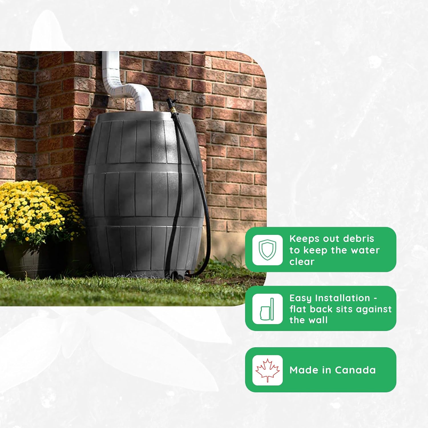 FCMP Outdoor Raincatcher 4000, Flat-Back Rain Water Barrel, 50-Gallon, Gray - Rainwater Collection Storage Container w/Side Spigots, Mesh Screen, Garden and Overflow Hose & Linking Kit FCMP Outdoor Raincatcher 4000, Flat-Back Rain Water Barrel, 50-Gallon, Gray - Rainwater Collection Storage Container w/Side Spigots, Mesh Screen, Garden and Overflow Hose & Linking Kit - Image 4