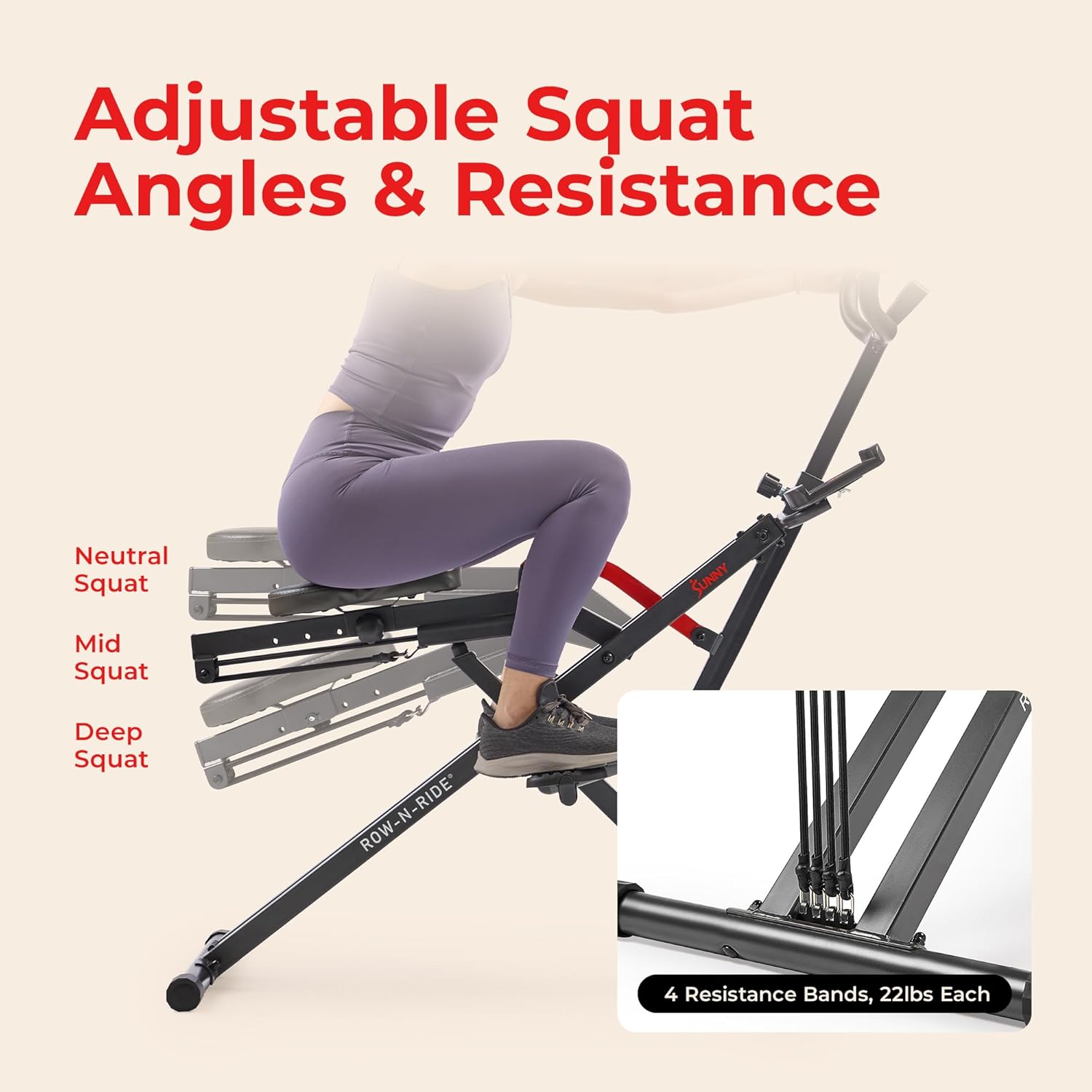 Sunny Health & Fitness Smart Heavy-Duty Row-N-Ride, Full-Body Squat Assist | Free SunnyFit App, Multi-Exercise Training, 3 Squat Depths, 5 Resistance Levels, 350LB Capacity, Compact Foldable Design Sunny Health & Fitness Smart Heavy-Duty Row-N-Ride, Full-Body Squat Assist | Free SunnyFit App, Multi-Exercise Training, 3 Squat Depths, 5 Resistance Levels, 350LB Capacity, Compact Foldable Design - Image 4