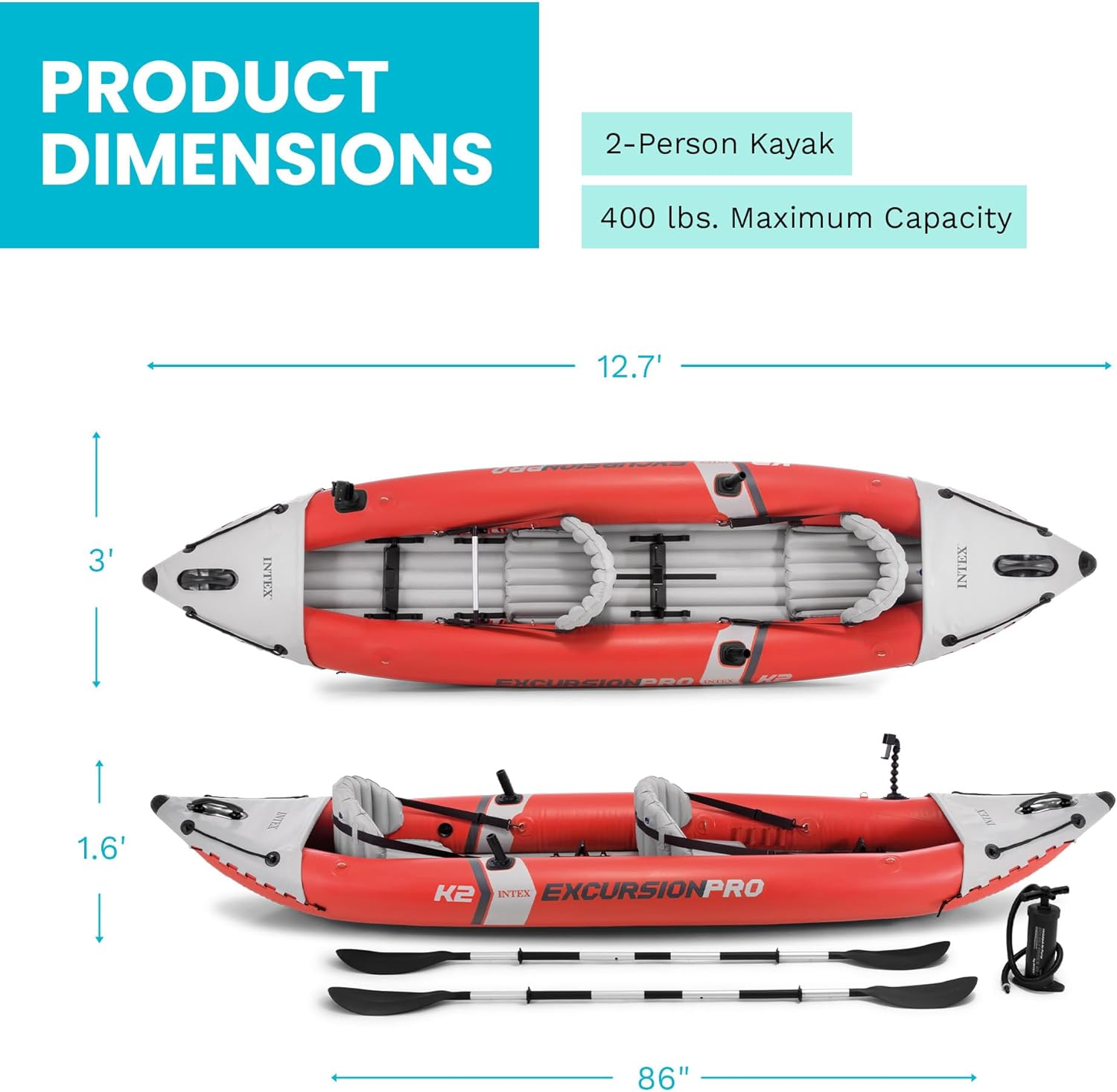 INTEX 68309EP Excursion Pro K2 Inflatable Kayak Set: Includes Deluxe 86in Kayak Paddles and High-Output Pump – SuperTough PVC – Adjustable Bucket Seat – 2-Person – 400lb Weight Capacity INTEX 68309EP Excursion Pro K2 Inflatable Kayak Set: Includes Deluxe 86in Kayak Paddles and High-Output Pump – SuperTough PVC – Adjustable Bucket Seat – 2-Person – 400lb Weight Capacity - Image 3
