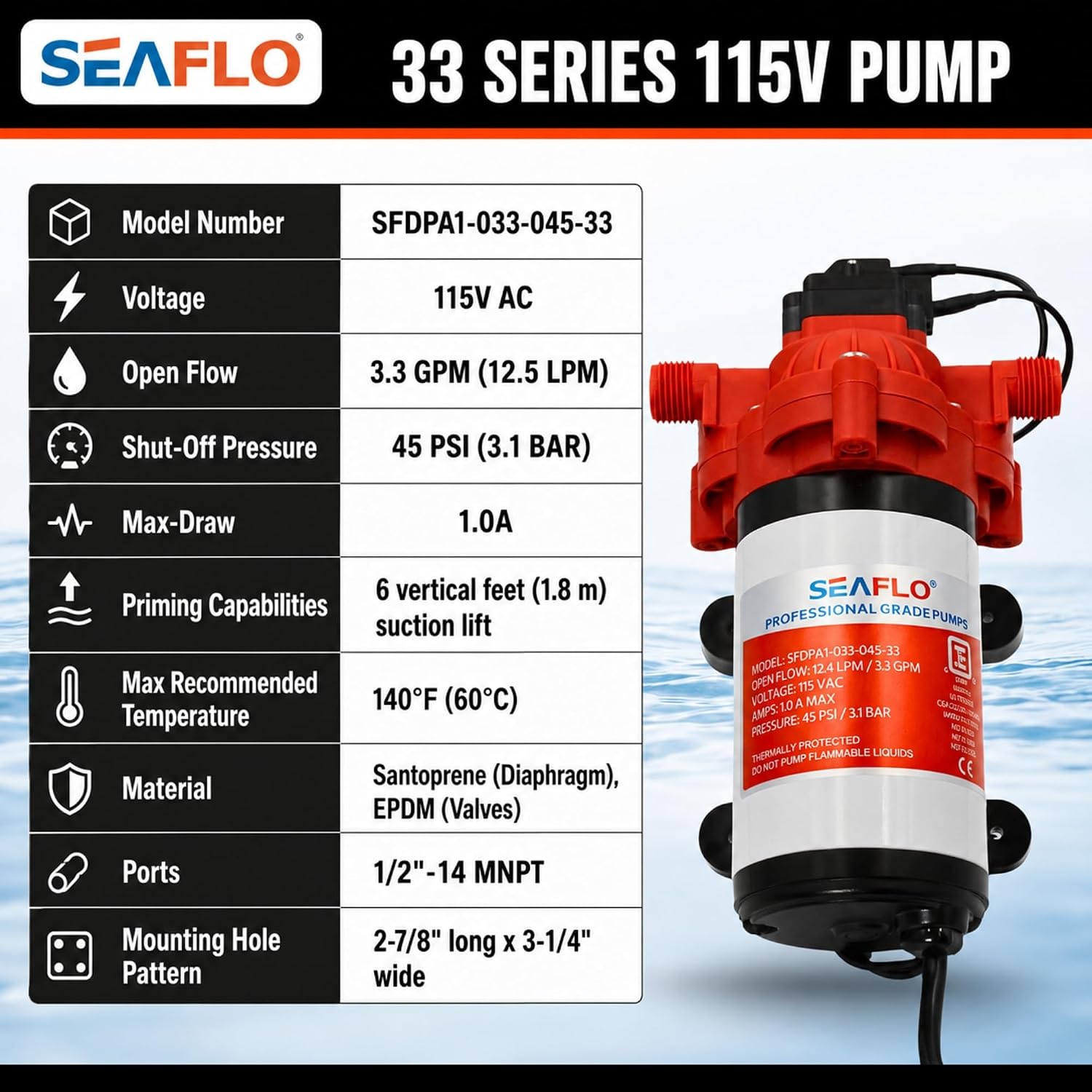 SEAFLO 33 Series 110V/115V AC Fresh Water Pump, 3.3 GPM 45 PSI Self-Priming Pressure Pump with Smart Pressure Switch, Automatic Demand Pump for RV, Caravan Marine Boat Industrial Use, 4-Year Warranty SEAFLO 33 Series 110V/115V AC Fresh Water Pump, 3.3 GPM 45 PSI Self-Priming Pressure Pump with Smart Pressure Switch, Automatic Demand Pump for RV, Caravan Marine Boat Industrial Use, 4-Year Warranty - Image 13