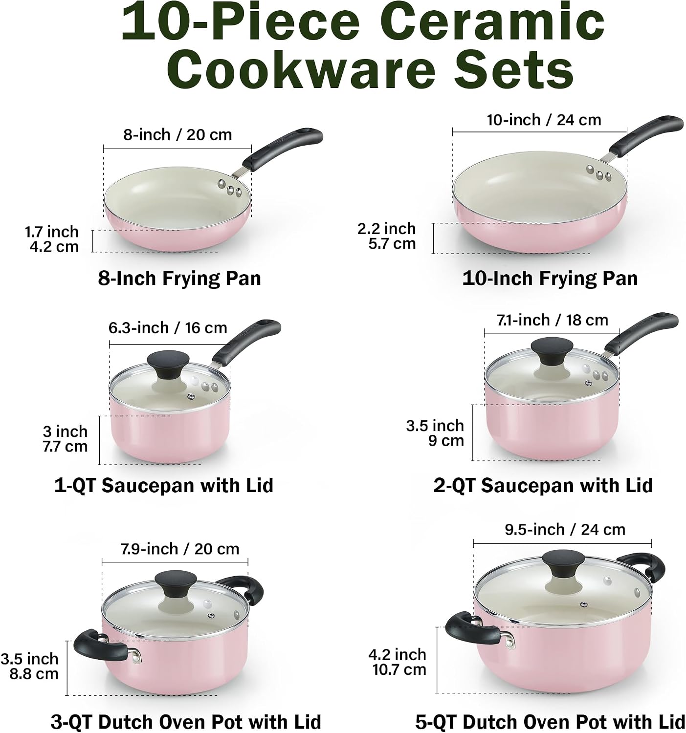 Cook N Home Basics Ceramic Nonstick Cookware Set, 10-Piece, Pink Cook N Home Basics Ceramic Nonstick Cookware Set, 10-Piece, Pink - Image 2