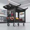 VEVOR Heavy Duty Utility Cart with Tray & Pegboard, 550 LBS 2 Tier Service Cart with 360° Swivel & Fixed Wheels (2 with Brakes), Plastic Rolling Cart, Tool Storage for Garage Warehouse Workshop