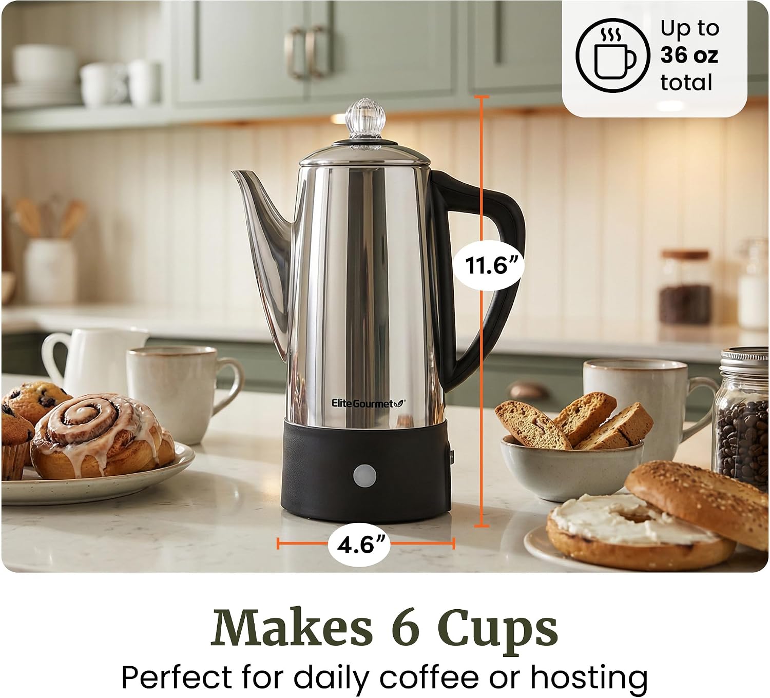 Elite Gourmet 6-Cup Electric Coffee Percolator, Stainless Steel, 1000W | Fast brewing, Keep Warm, auto shut-off, clear brew progress knob, cordless serving base, reusable filter Elite Gourmet 6-Cup Electric Coffee Percolator, Stainless Steel, 1000W | Fast brewing, Keep Warm, auto shut-off, clear brew progress knob, cordless serving base, reusable filter - Image 8
