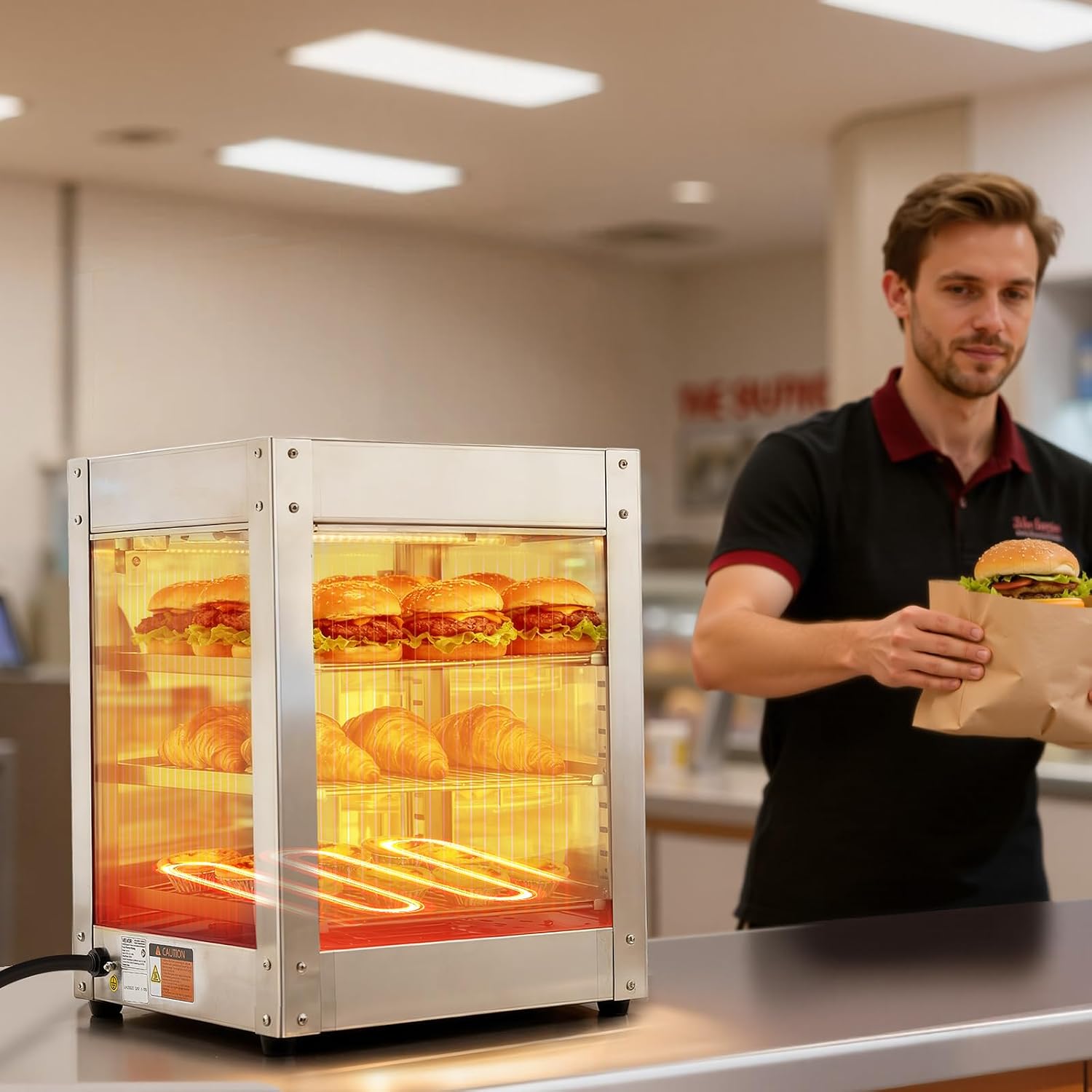 VEVOR 3-Tier Commercial Food Warmer Display, 800W Food Display Warmer with LED Light, Adjustable Shelf and Stainless Steel Frame, 86℉~185℉ Air Heating, 34L for Hamburger, Pizza, Bread, Fried Chicken VEVOR 3-Tier Commercial Food Warmer Display, 800W Food Display Warmer with LED Light, Adjustable Shelf and Stainless Steel Frame, 86℉~185℉ Air Heating, 34L for Hamburger, Pizza, Bread, Fried Chicken - Image 8