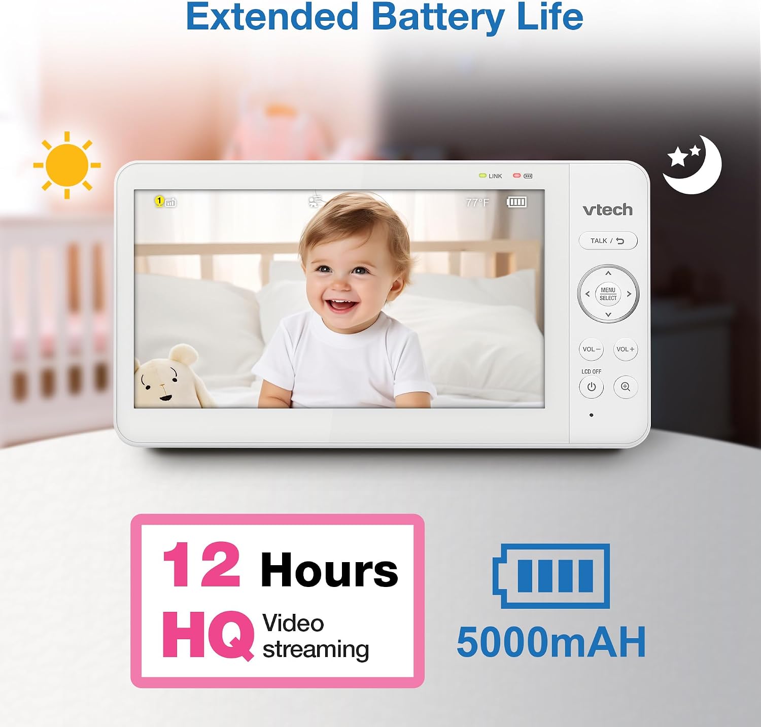 VTech Baby Monitor No WiFi, 7" IPS Screen, 5000mAh 12Hr Battery, 360° PTZ, 4X Zoom, Night Vision, Night Light, 2-Way Talk, White | Advanced HQ Max VTech Baby Monitor No WiFi, 7" IPS Screen, 5000mAh 12Hr Battery, 360° PTZ, 4X Zoom, Night Vision, Night Light, 2-Way Talk, White | Advanced HQ Max - Image 6