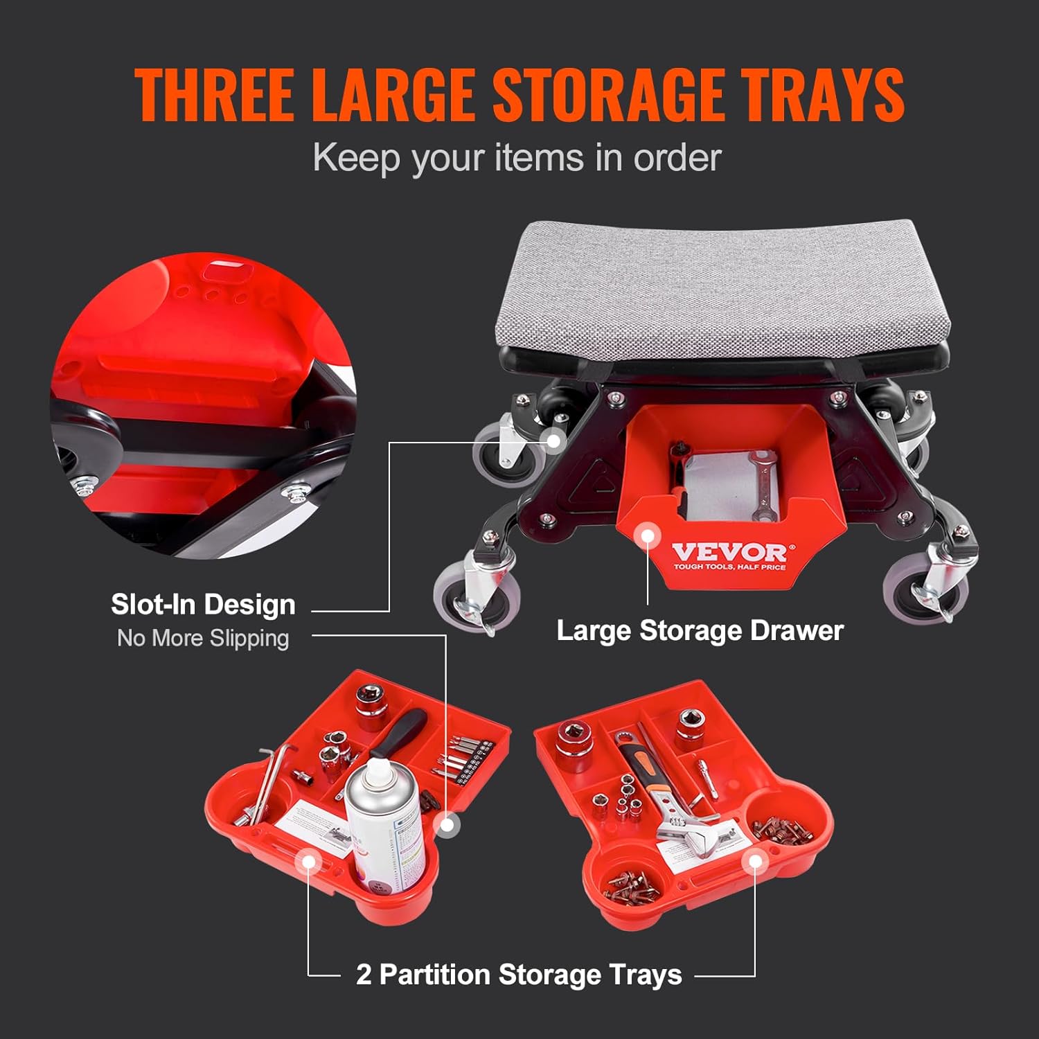 VEVOR Mechanic Stool 300 LBS Capacity Garage Stool Gift for Men, Heavy Duty Rolling Mechanics Seat, with Three Slide Out Tool Trays and Drawer, Tools for Automotive Auto Repair | Auto Repair Heavy Duty Plastic Rolling Mechanics Seat with Cushion, Three Slide Out Tool Trays and Drawer, for Automotive VEVOR Mechanic Stool 300 LBS Capacity Garage Stool Gift for Men, Heavy Duty Rolling Mechanics Seat, with Three Slide Out Tool Trays and Drawer, Tools for Automotive Auto Repair | Auto Repair Heavy Duty Plastic Rolling Mechanics Seat with Cushion, Three Slide Out Tool Trays and Drawer, for Automotive - Image 6