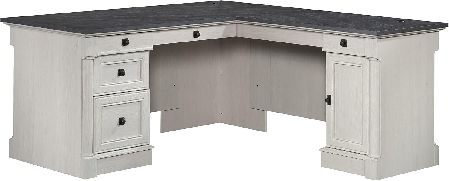 Sauder Palladia L Shaped Desk with Drawers, Office Desk with File Cabinet Storage, Cable Management, Keyboard Tray, in Glacier Oak Finish Sauder Palladia L Shaped Desk with Drawers, Office Desk with File Cabinet Storage, Cable Management, Keyboard Tray, in Glacier Oak Finish