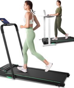 UREVO Strol 2E Smart 2-in-1 Folding Treadmill, Compact Walking Pad with Safety Handle, Plug and Play, Standing Desk Treadmill with Dual LED Display, Smart APP, Walking or Running for Home, Flaxen