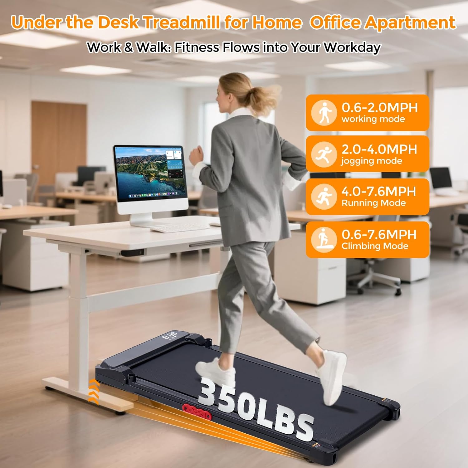 KASSADIN Electric Walking Pad Treadmill with Handle Bar Incline for Home, Portable Walking Pad Treadmill with Handles for Home Small, 3.0HP Mini Under Desk Treadmill for Exercising, 0.6-7.6MPH, 350LB KASSADIN Electric Walking Pad Treadmill with Handle Bar Incline for Home, Portable Walking Pad Treadmill with Handles for Home Small, 3.0HP Mini Under Desk Treadmill for Exercising, 0.6-7.6MPH, 350LB - Image 5