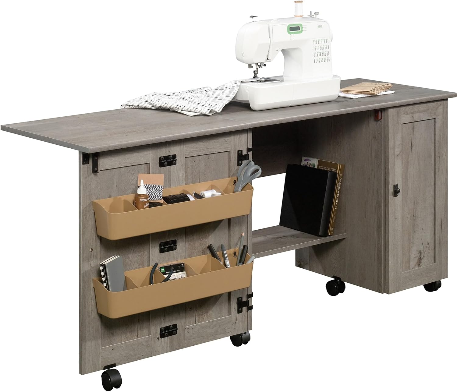 Sauder Craft Cart Storage Cabinet, Rolling Sewing Table with Expandable Top, Mystic Oak Sauder Craft Cart Storage Cabinet, Rolling Sewing Table with Expandable Top, Mystic Oak - Image 4