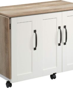 Sauder Miscellaneous Storage Sewing Cart, Drop-Leaf Craft Table, Sewing Table with Storage - Soft White Finish