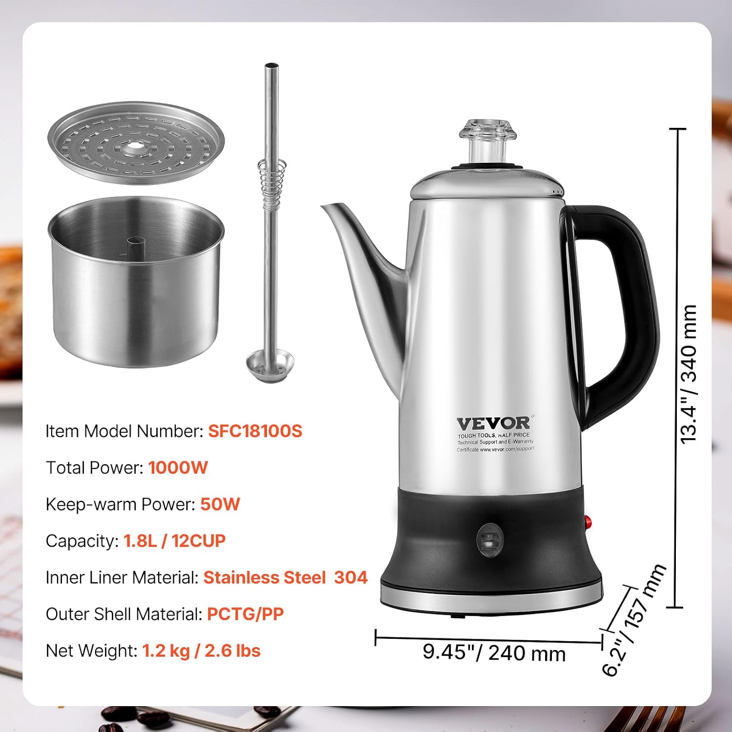 VEVOR 12-Cup Electric Percolator Coffee Pot, 304 Stainless Steel Body Coffee Percolator with Keep Warm Function & Heat-Resistant Handle, Classic Coffee Maker, Quick Brew & Easy-Pour Spout, Silver VEVOR 12-Cup Electric Percolator Coffee Pot, 304 Stainless Steel Body Coffee Percolator with Keep Warm Function & Heat-Resistant Handle, Classic Coffee Maker, Quick Brew & Easy-Pour Spout, Silver - Image 8
