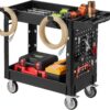 VEVOR Heavy Duty Utility Cart with Tray & Pegboard, 550 LBS 2 Tier Service Cart with 360° Swivel & Fixed Wheels (2 with Brakes), Plastic Rolling Cart, Tool Storage for Garage Warehouse Workshop