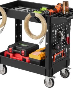VEVOR Heavy Duty Utility Cart with Tray & Pegboard, 550 LBS 2 Tier Service Cart with 360° Swivel & Fixed Wheels (2 with Brakes), Plastic Rolling Cart, Tool Storage for Garage Warehouse Workshop