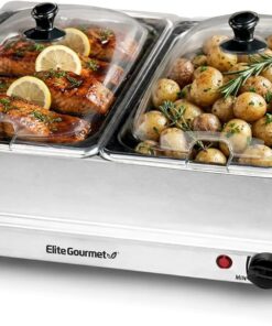 Elite Gourmet EWM-6122X Dual Buffet Server, 2 x 2.5 Qt, Stainless Steel | Deluxe Party Tray Doubles for Gravy & Holiday Essentials at Special Events - Great for Parties & Catering