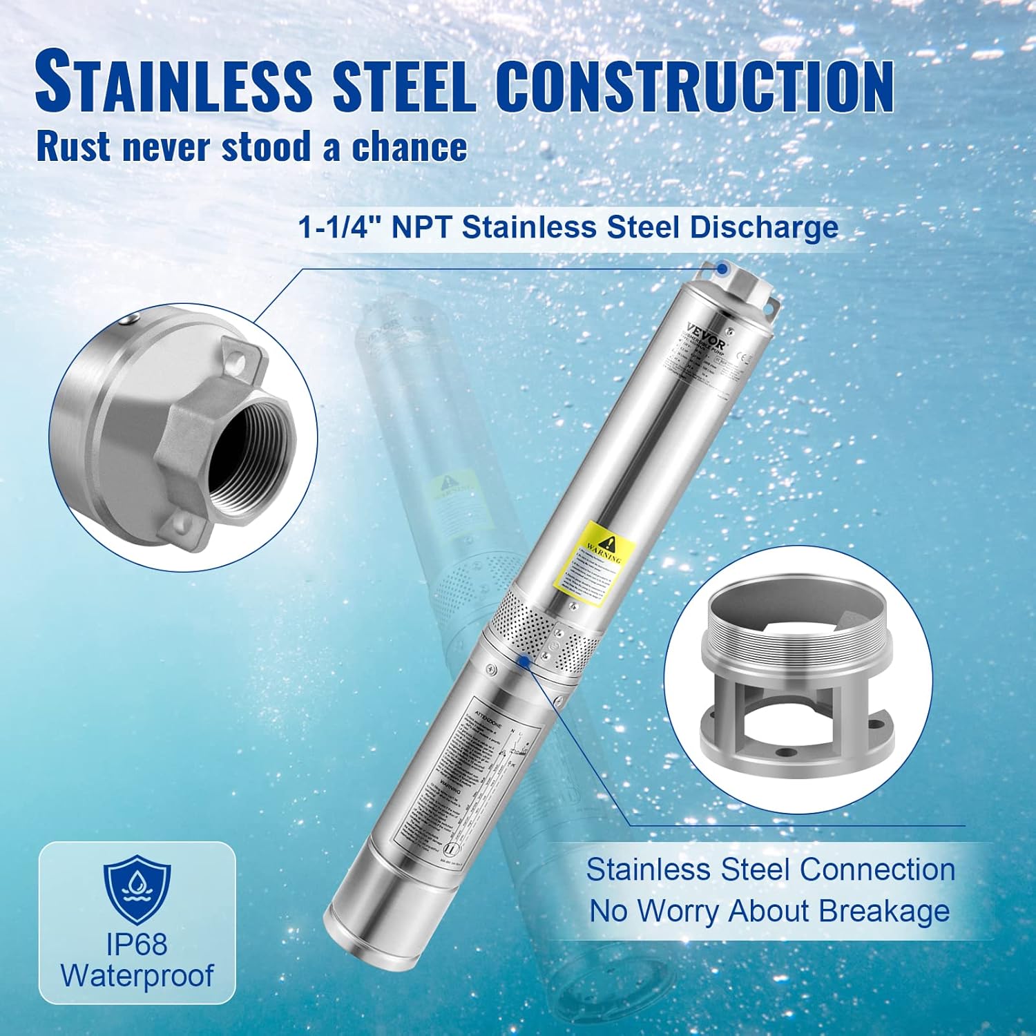 VEVOR Deep Well Submersible Pump 1 HP 115V/60Hz 37 GPM Flow 207 ft Head | for Industrial Irrigation & Home Use, 4" Stainless Steel Water Pump, with 33 ft Electric Cord, Copper Motor, IP68 Waterproof VEVOR Deep Well Submersible Pump 1 HP 115V/60Hz 37 GPM Flow 207 ft Head | for Industrial Irrigation & Home Use, 4" Stainless Steel Water Pump, with 33 ft Electric Cord, Copper Motor, IP68 Waterproof - Image 4