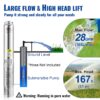 VEVOR Deep Well Submersible Pump, 0.5HP/370W 115V/60Hz, 28GPM Flow 167 ft Head, with 33ft Electric Cord, 4 inch Stainless Steel Water Pumps for Industrial, Irrigation & Home Use, IP68 Waterproof Grade | for Industrial Irrigation & Home Use, 4" Stainless Steel Water Pump, with 33 ft Electric Cord, Copper Motor, IP68 Waterproof