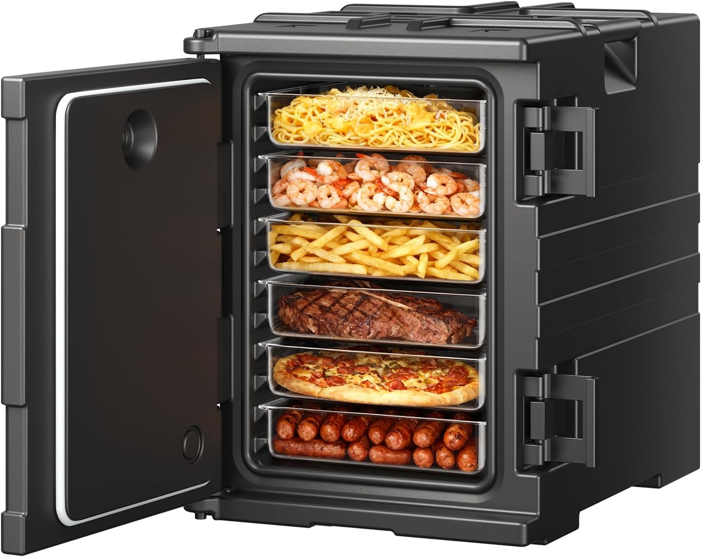 VEVOR Insulated Food Pan Carrier, 95 Qt Hot Box for Catering, LLDPE Food Box Carrier w/Double Buckles, Front Loading Food Warmer w/Handles, Stackable End Loader for Restaurant, Canteen, etc. Black VEVOR Insulated Food Pan Carrier, 95 Qt Hot Box for Catering, LLDPE Food Box Carrier w/Double Buckles, Front Loading Food Warmer w/Handles, Stackable End Loader for Restaurant, Canteen, etc. Black - Image 9