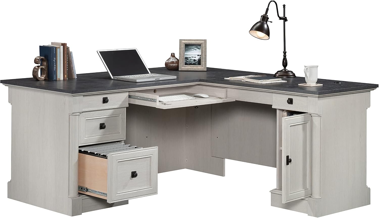 Sauder Palladia L Shaped Desk with Drawers, Office Desk with File Cabinet Storage, Cable Management, Keyboard Tray, in Glacier Oak Finish Sauder Palladia L Shaped Desk with Drawers, Office Desk with File Cabinet Storage, Cable Management, Keyboard Tray, in Glacier Oak Finish - Image 6