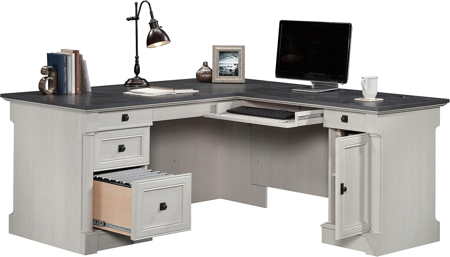 Sauder Palladia L Shaped Desk with Drawers, Office Desk with File Cabinet Storage, Cable Management, Keyboard Tray, in Glacier Oak Finish Sauder Palladia L Shaped Desk with Drawers, Office Desk with File Cabinet Storage, Cable Management, Keyboard Tray, in Glacier Oak Finish - Image 16