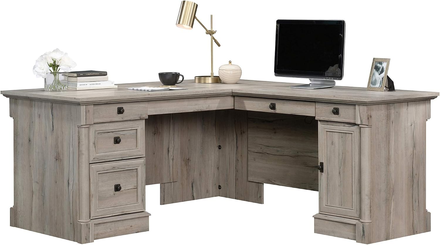 Sauder Palladia L Shaped Desk with Drawers, Office Desk with File Cabinet Storage, Cable Management, Keyboard Tray, in Split Oak finish Sauder Palladia L Shaped Desk with Drawers, Office Desk with File Cabinet Storage, Cable Management, Keyboard Tray, in Split Oak finish - Image 15