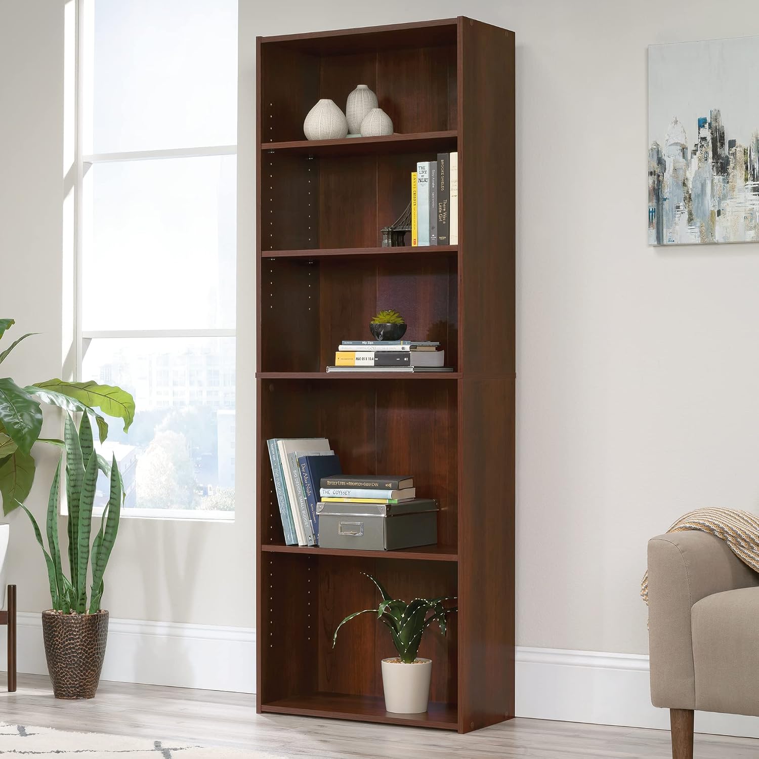 Sauder Beginnings 5-Shelf Bookcase, Bookshelf with Adjustable Storage Shelves, in Brook Cherry Sauder Beginnings 5-Shelf Bookcase, Bookshelf with Adjustable Storage Shelves, in Brook Cherry - Image 4