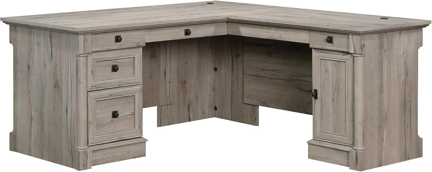 Sauder Palladia L Shaped Desk with Drawers, Office Desk with File Cabinet Storage, Cable Management, Keyboard Tray, in Split Oak finish Sauder Palladia L Shaped Desk with Drawers, Office Desk with File Cabinet Storage, Cable Management, Keyboard Tray, in Split Oak finish