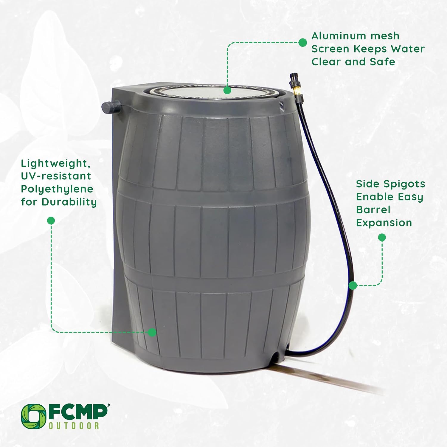 FCMP Outdoor Raincatcher 4000, Flat-Back Rain Water Barrel, 50-Gallon, Gray - Rainwater Collection Storage Container w/Side Spigots, Mesh Screen, Garden and Overflow Hose & Linking Kit FCMP Outdoor Raincatcher 4000, Flat-Back Rain Water Barrel, 50-Gallon, Gray - Rainwater Collection Storage Container w/Side Spigots, Mesh Screen, Garden and Overflow Hose & Linking Kit - Image 3