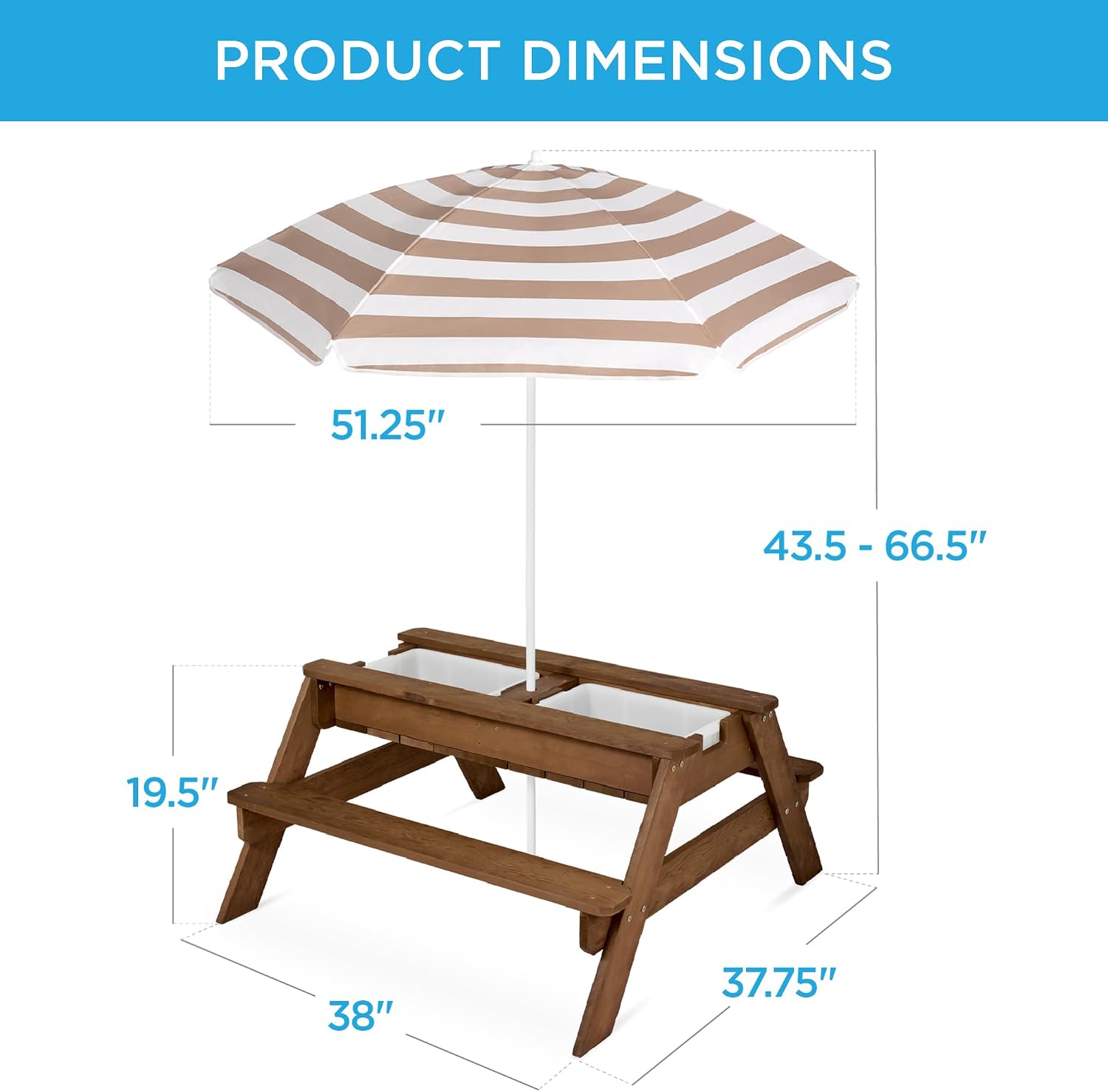 71knk3a7WaL._AC_SL1500_.jpg Best Choice Products Kids Picnic Table with Umbrella, 3-in-1 Sand & Water Table, Outdoor Convertible Picnic Table for Toddlers, Seats 4, Removable Top, 2 Buckets - Beige