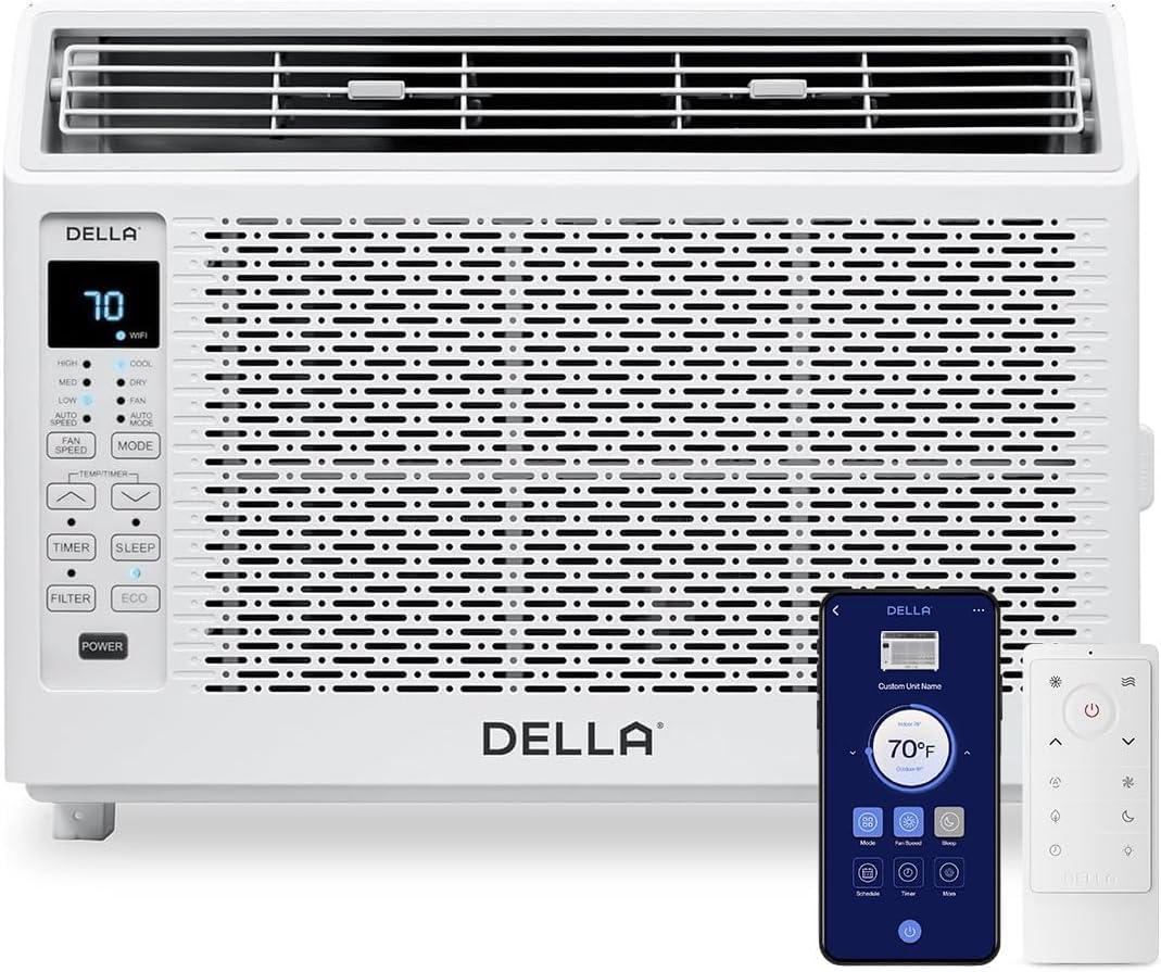 DELLA 6000 BTU AC Unit with Energy Saving Window Air Conditioner,WIFI Smart Controls, GEO Location, Work with Alexa, Cools Up to 250 Sq. Ft, Easy Install,Reusable Filter,Remote, Dehumidifier, Fan