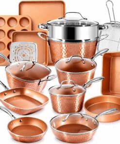 GOTHAM STEEL HAMMERED 20 Pc Pots and Pans Set Non Stick Ceramic Cookware | Deep Frying Pan & Bakeware Set Included, Non Toxic PFOA/PFOS Free, Induction Compatible, Oven & Dishwasher Safe, Copper