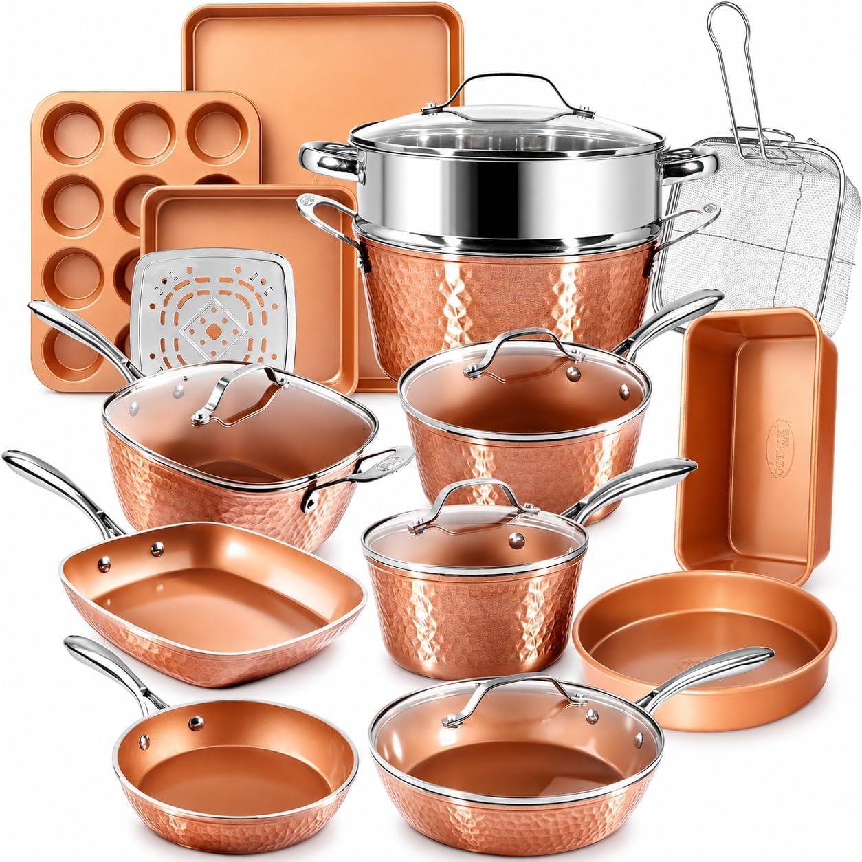GOTHAM STEEL HAMMERED 20 Pc Pots and Pans Set Non Stick Ceramic Cookware | Deep Frying Pan & Bakeware Set Included, Non Toxic PFOA/PFOS Free, Induction Compatible, Oven & Dishwasher Safe, Copper GOTHAM STEEL HAMMERED 20 Pc Pots and Pans Set Non Stick Ceramic Cookware | Deep Frying Pan & Bakeware Set Included, Non Toxic PFOA/PFOS Free, Induction Compatible, Oven & Dishwasher Safe, Copper