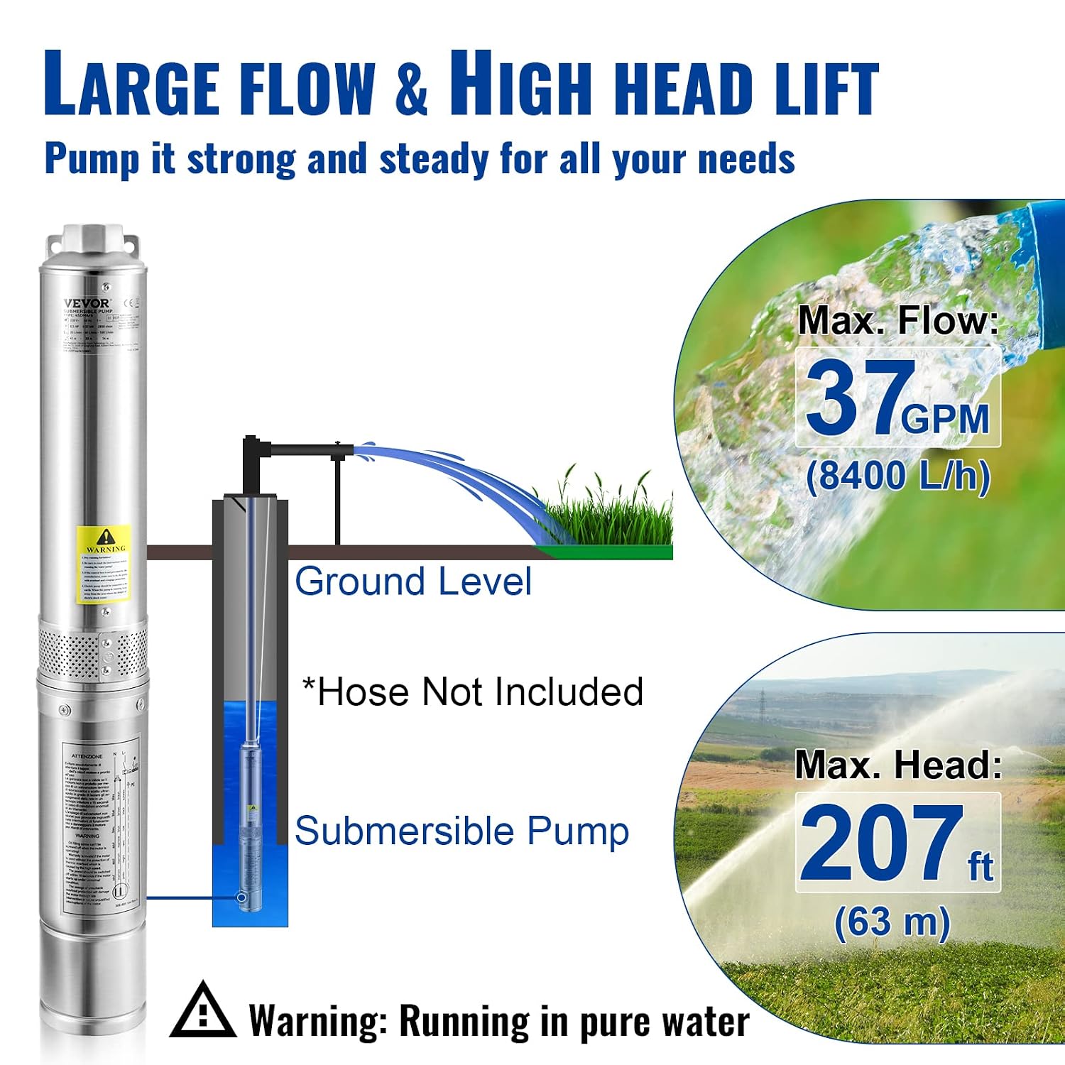 VEVOR Deep Well Submersible Pump 1 HP 115V/60Hz 37 GPM Flow 207 ft Head | for Industrial Irrigation & Home Use, 4" Stainless Steel Water Pump, with 33 ft Electric Cord, Copper Motor, IP68 Waterproof VEVOR Deep Well Submersible Pump 1 HP 115V/60Hz 37 GPM Flow 207 ft Head | for Industrial Irrigation & Home Use, 4" Stainless Steel Water Pump, with 33 ft Electric Cord, Copper Motor, IP68 Waterproof - Image 3