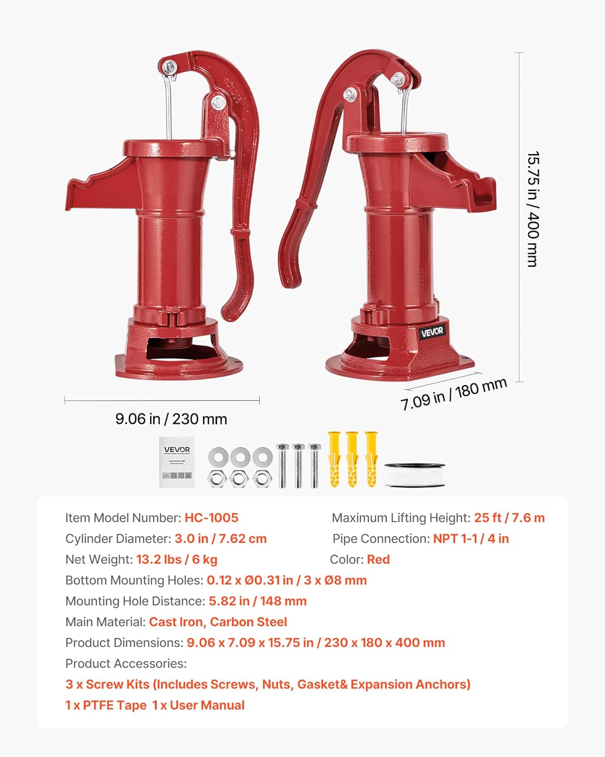 VEVOR Well Hand Pitcher Pump, 25 ft Maximum Lift, Antique Cast Iron Manual Hand Water Pump, NPT 1-1/4 in Connection, Easy Installation, Old Fashioned for Outdoor Garden, Pond, Backyard, Farm, Red VEVOR Well Hand Pitcher Pump, 25 ft Maximum Lift, Antique Cast Iron Manual Hand Water Pump, NPT 1-1/4 in Connection, Easy Installation, Old Fashioned for Outdoor Garden, Pond, Backyard, Farm, Red - Image 7