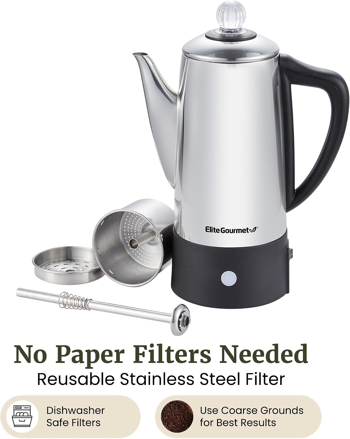 Elite Gourmet 6-Cup Electric Coffee Percolator, Stainless Steel, 1000W | Fast brewing, Keep Warm, auto shut-off, clear brew progress knob, cordless serving base, reusable filter Elite Gourmet 6-Cup Electric Coffee Percolator, Stainless Steel, 1000W | Fast brewing, Keep Warm, auto shut-off, clear brew progress knob, cordless serving base, reusable filter - Image 4