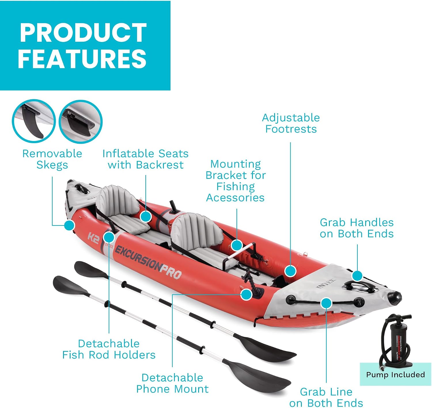 INTEX 68309EP Excursion Pro K2 Inflatable Kayak Set: Includes Deluxe 86in Kayak Paddles and High-Output Pump – SuperTough PVC – Adjustable Bucket Seat – 2-Person – 400lb Weight Capacity INTEX 68309EP Excursion Pro K2 Inflatable Kayak Set: Includes Deluxe 86in Kayak Paddles and High-Output Pump – SuperTough PVC – Adjustable Bucket Seat – 2-Person – 400lb Weight Capacity - Image 5